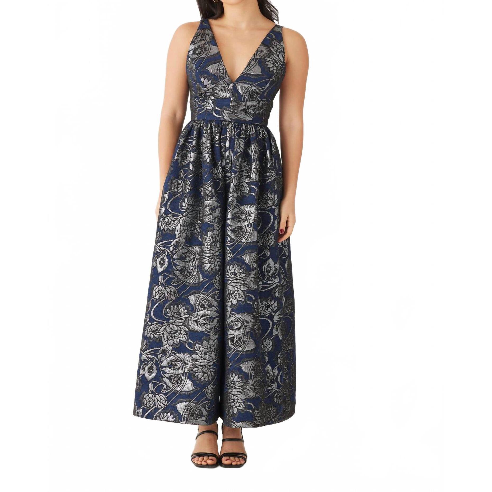 New Rose Velvet Quynh Jumpsuit In Sapphire Brocade